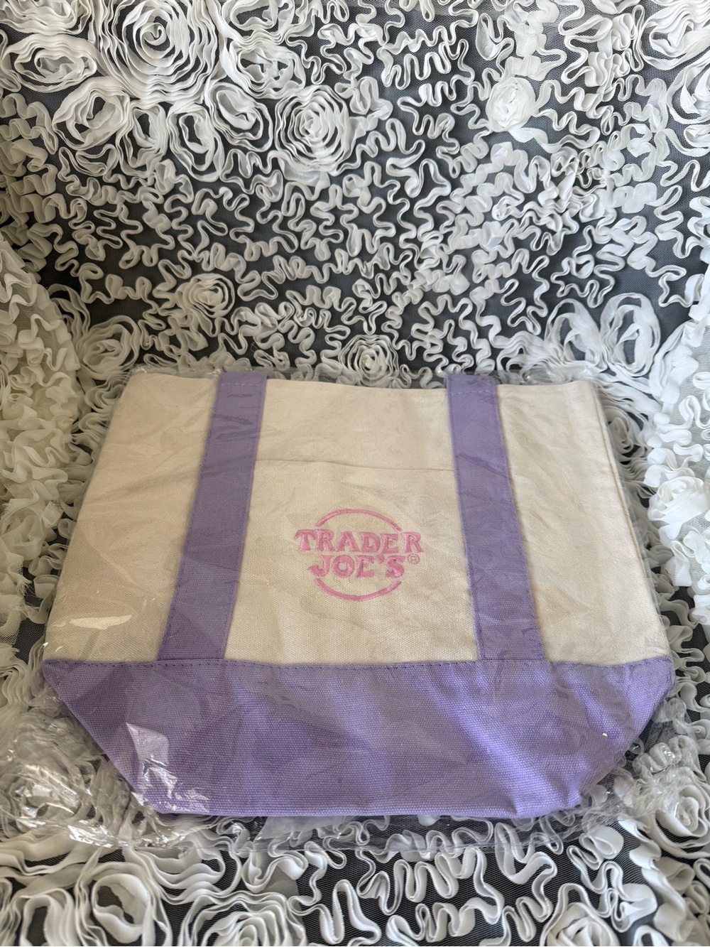 BNWT! Trader Joe’s mini pastel Canvas Tote Bag in Cream and Lavender